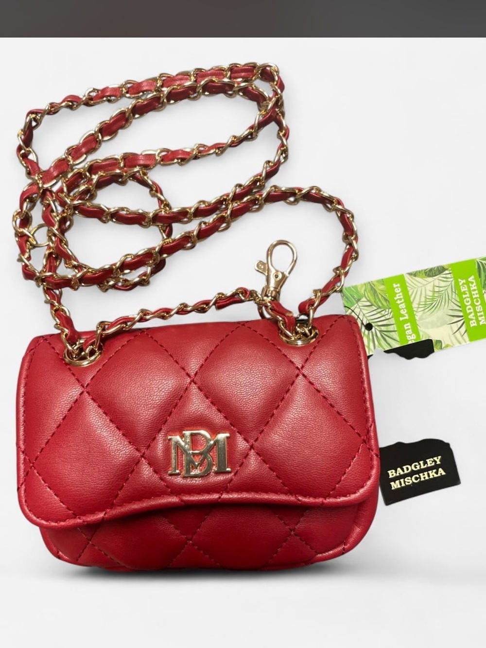 Badgley Mischka Red Quilted Mini Crossbody with Gold Chain